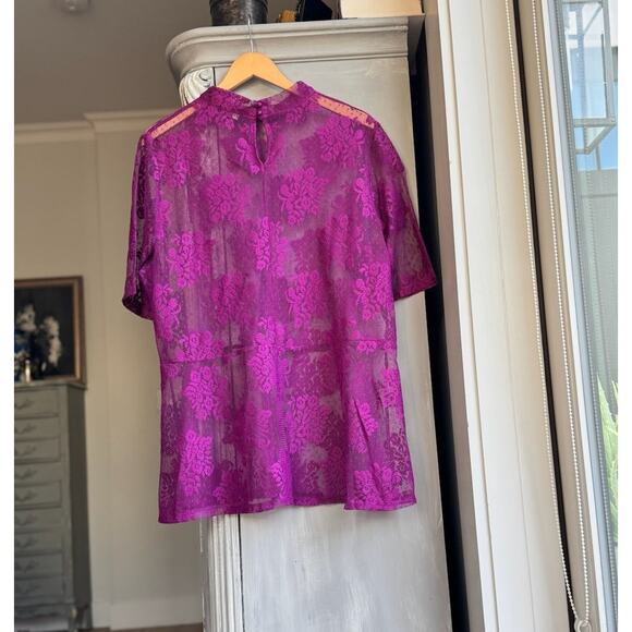 Ethereal Purple Lace Top Sz 22/24 Romantic Sheer Floral Mock Neck Fairy Blouse - Picture 2 of 9